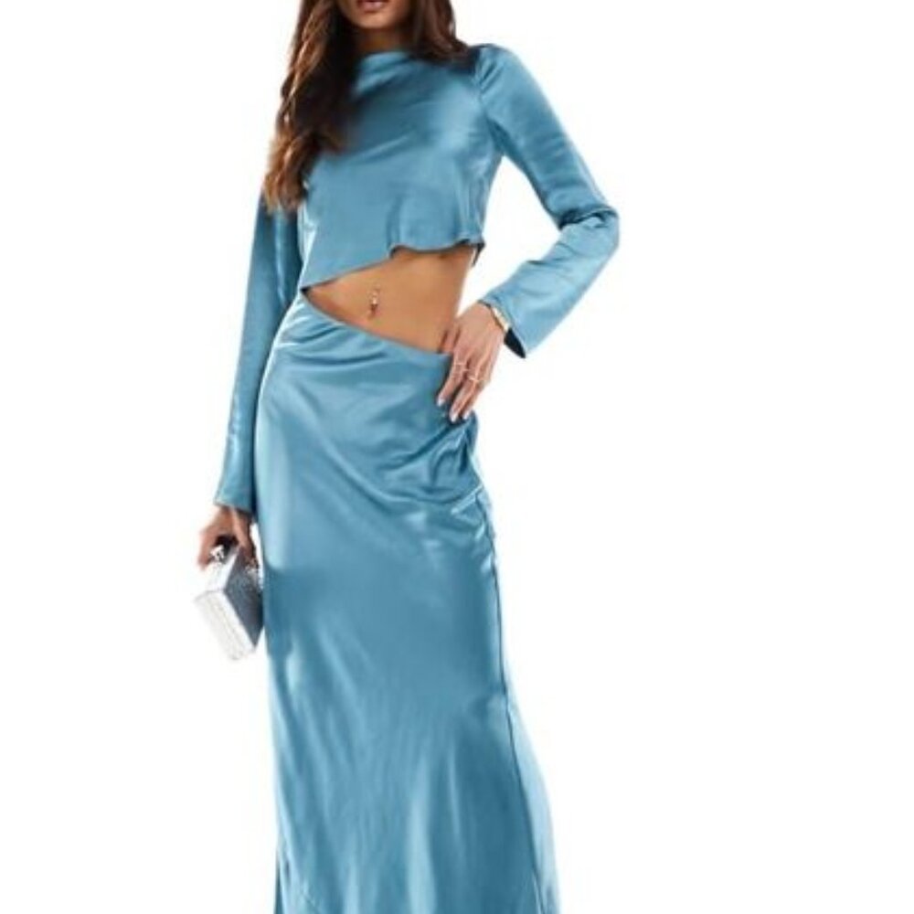 ASOS DESIGN satin asymmetric waist cut out maxi dress in blue
